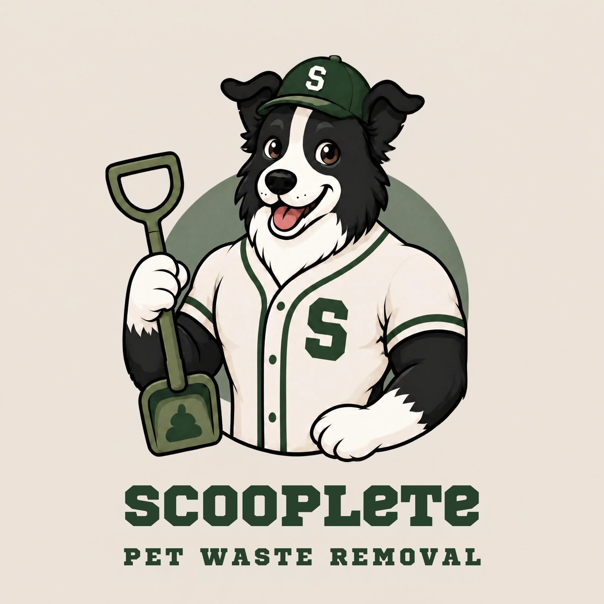 Scooplete pet waste removal logo featuring a border collie in a baseball uniform holding a scooper